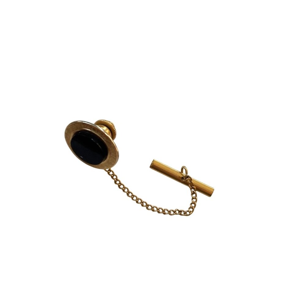 Vintage Gold & Black Onyx Tie Tack With Chain For Mens Necktie